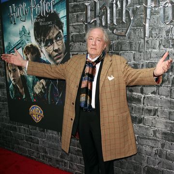 michael gambon spreading his arms and looking at the camera, standing in front of a harry potter poster