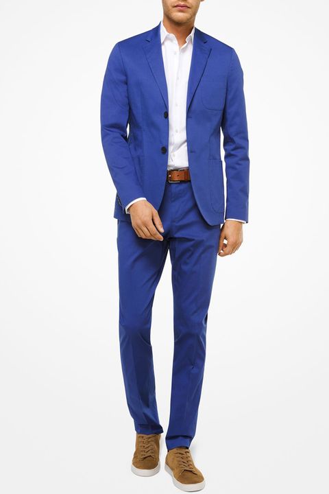 Clothing, Suit, Cobalt blue, Outerwear, Blazer, Blue, Electric blue, Standing, Formal wear, Jacket, 