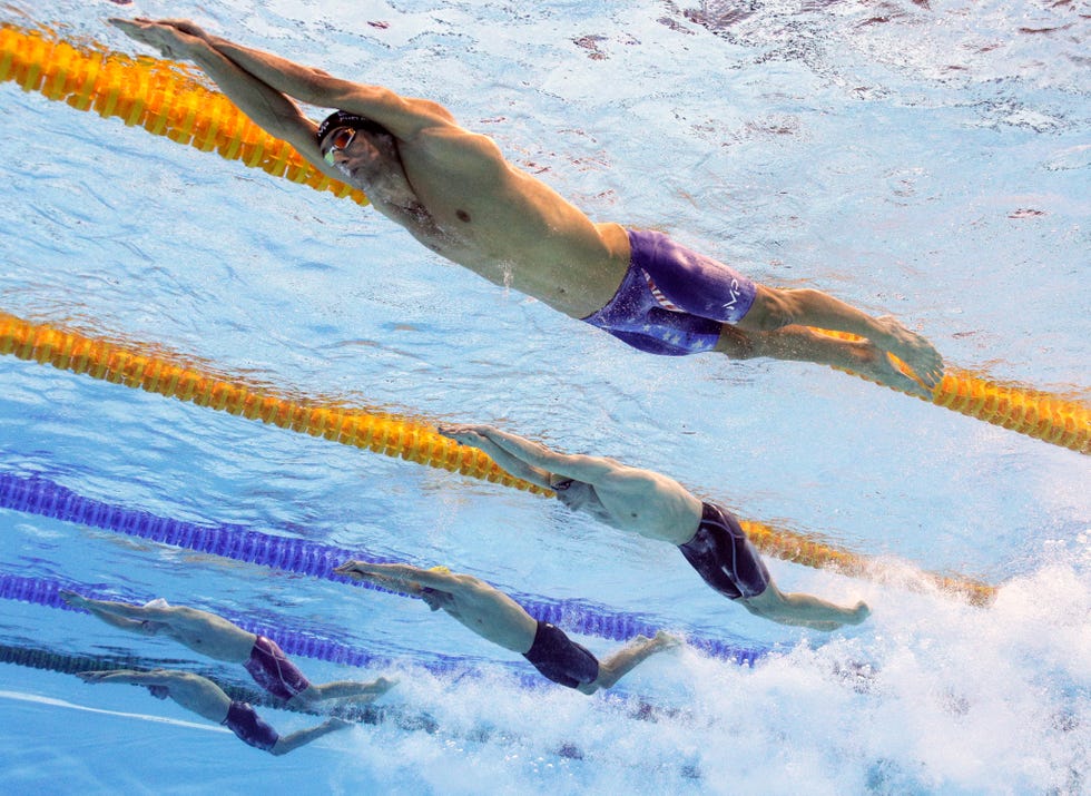 Michael Phelps competing in the Final of the Men's 4 x 100m Freestyle Relay on Day 2 of the Rio 2016 Olympic Games at the Olympic Aquatics Stadium on August 7, 2016 in Rio de Janeiro, Brazil.