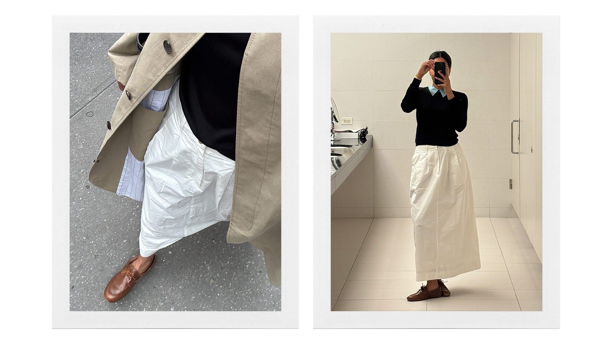 two fashion outfits featuring a long white skirt