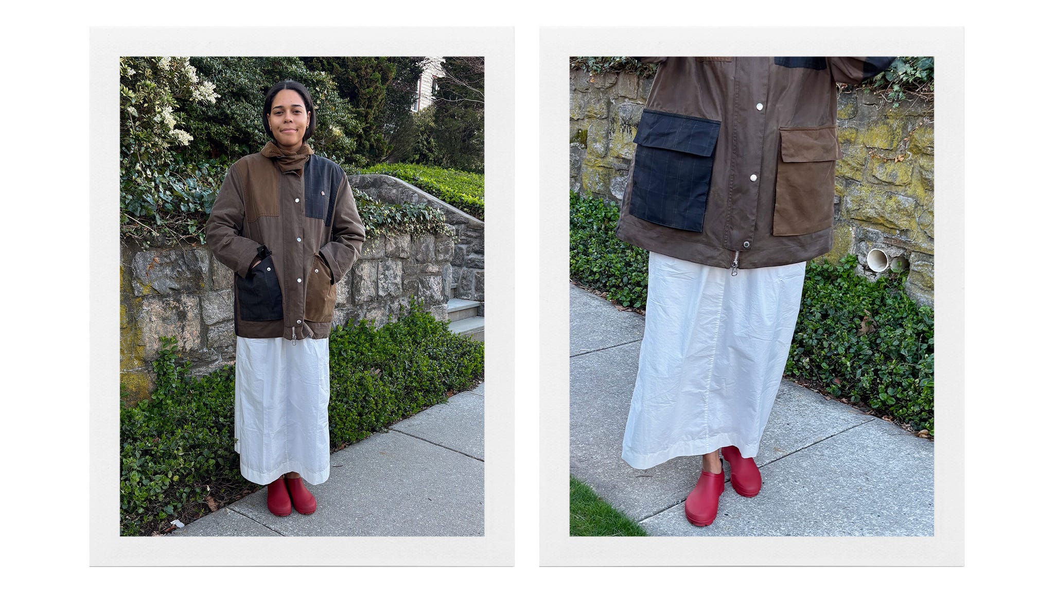 person wearing a brown jacket with pockets white skirt and red shoes standing outside