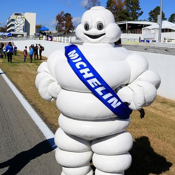 a collage showing a chef preparing michelin quality food and the michelin mascot at a car race