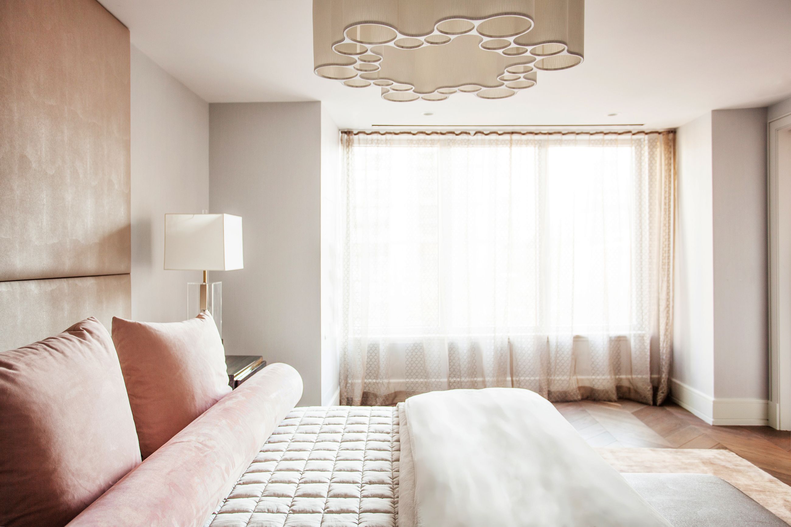 Pink gray and on sale white bedroom