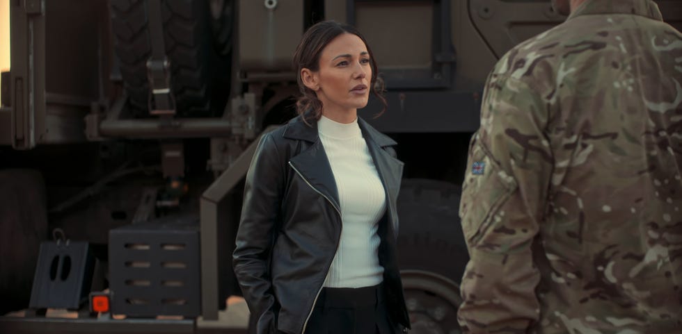 michelle keegan as maya stern wearing vince leather cross front moto jacket in fool me once