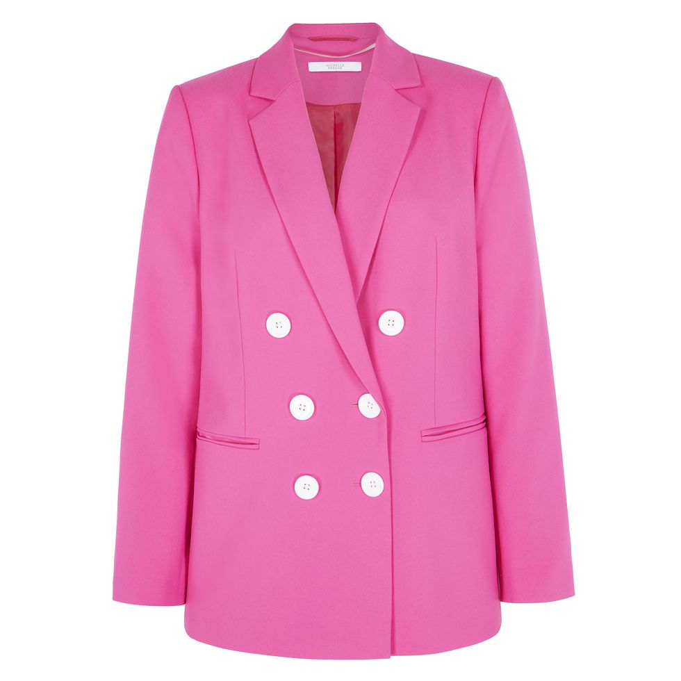 Clothing, Outerwear, Blazer, Jacket, Pink, Sleeve, Button, Suit, Magenta, Top, 