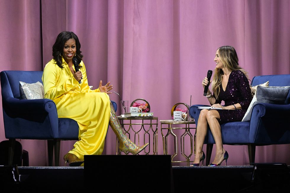 michelle obama discusses her book becoming with sarah jessica parker at barclays center on december 19 2018 in new york city