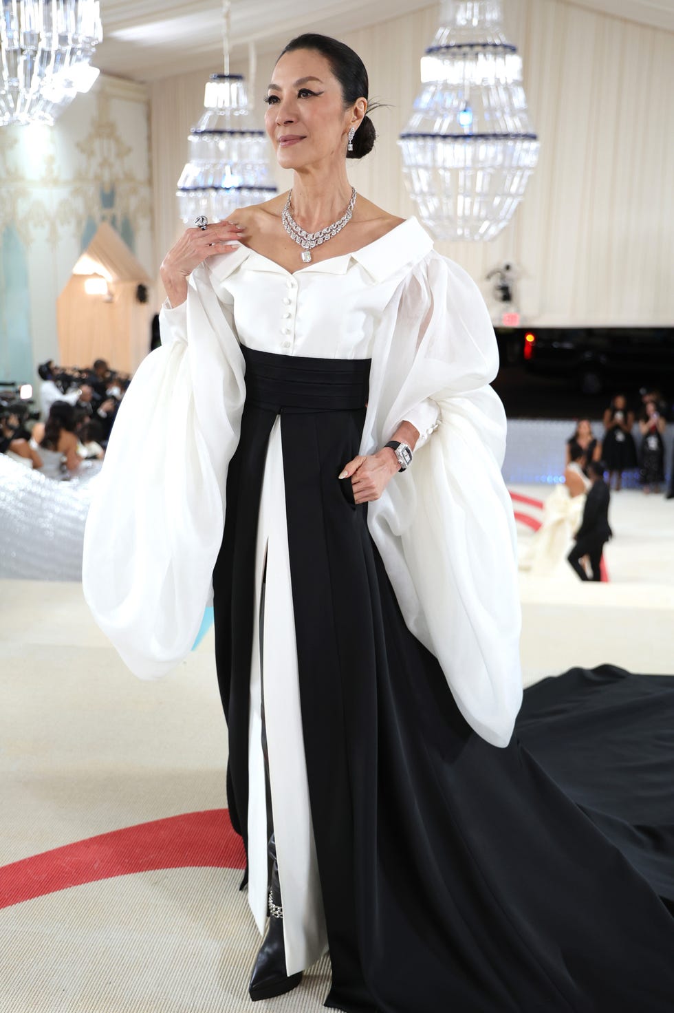 michelle yeoh in a black and white gown by karl lagerfeld at the met gala 2023