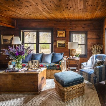 rustic farmhouse living room with wood walls and blue upholstery