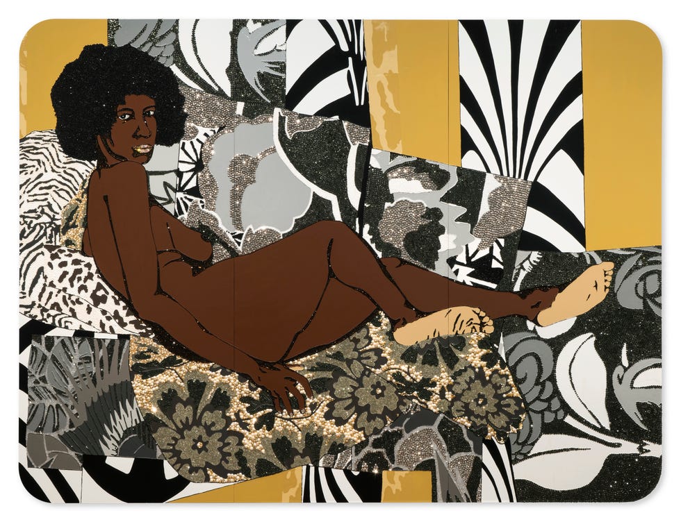 artwork featuring a reclining figure against a backdrop of various patterns