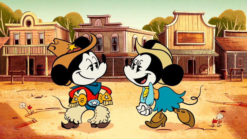the wonderful world of mickey mouse   "cheese wranglers"   mickey mouse attempts to wrangle a prized herd across the stunning vistas of the big thunder valley, but one big obstacle stands in his way, peg leg petedisneymickey mouse, minnie mouse