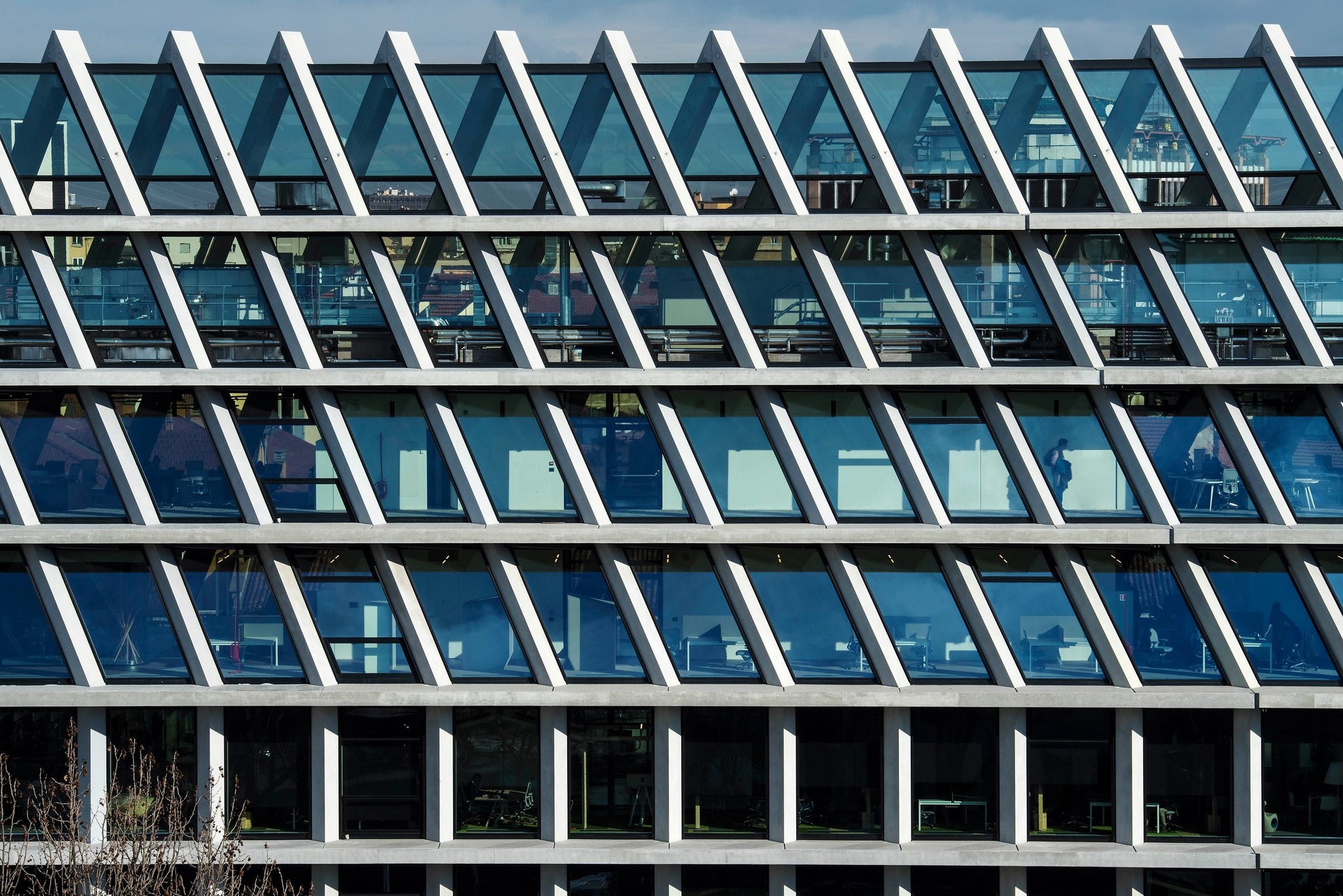 Blue, Architecture, Line, Facade, Building, Commercial building, Pattern, Metal, Window, Electric blue, 