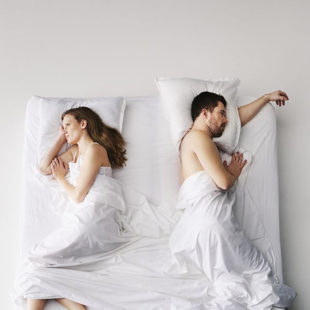 mid adult couple sleeping in bed, elevated view