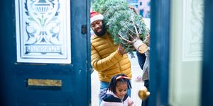 mid adult man in santa hat carefully carrying christmas tree through open doorway with daughter ahead of him