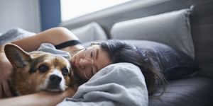 mid adult woman lying in bed with dog