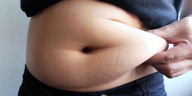 Midsection Of Overweight Woman Holding Stomach Fats While Standing Against Wall