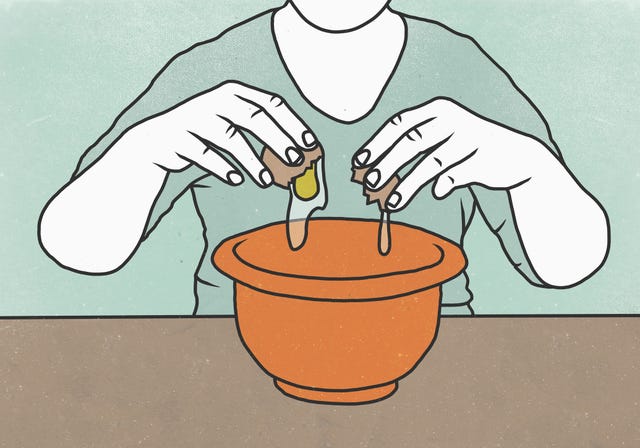Midsection of person cracking egg into bowl against colored background