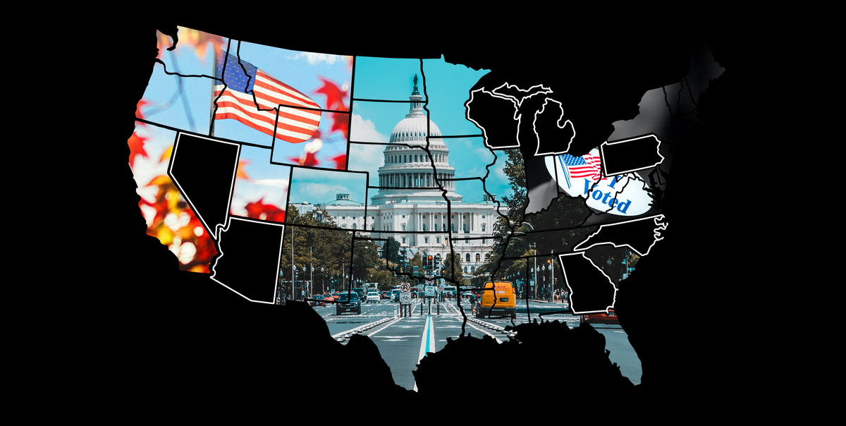 the american flag, the us capital, and an 'i voted sticker' inside a map of the us