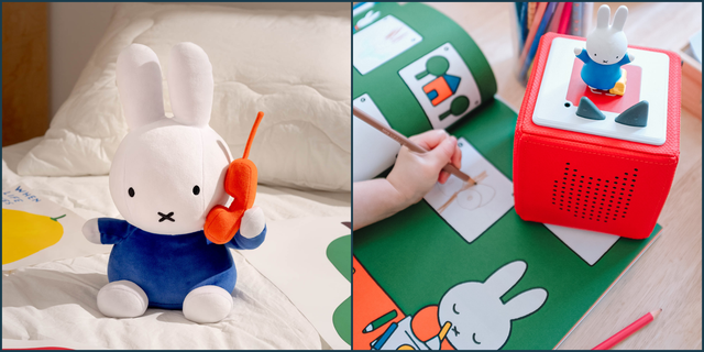 a miffy plush, miffy toniebox and miffy book