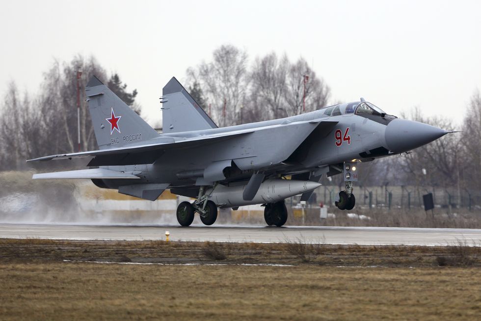 mig31k attack aircraft of the russian air force with kinzhal missile landing in zhukovsky, russia