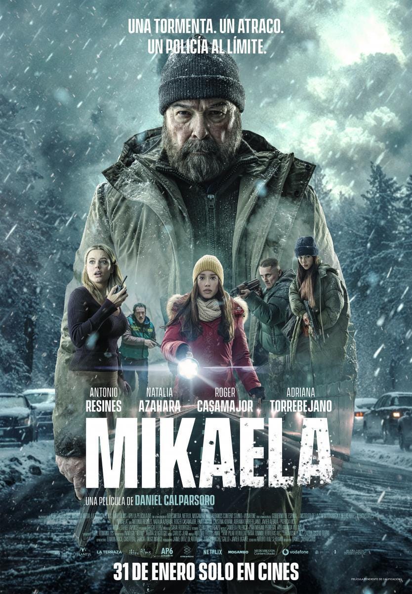 mikaela film poster featuring characters in a snowy setting with intense expressions