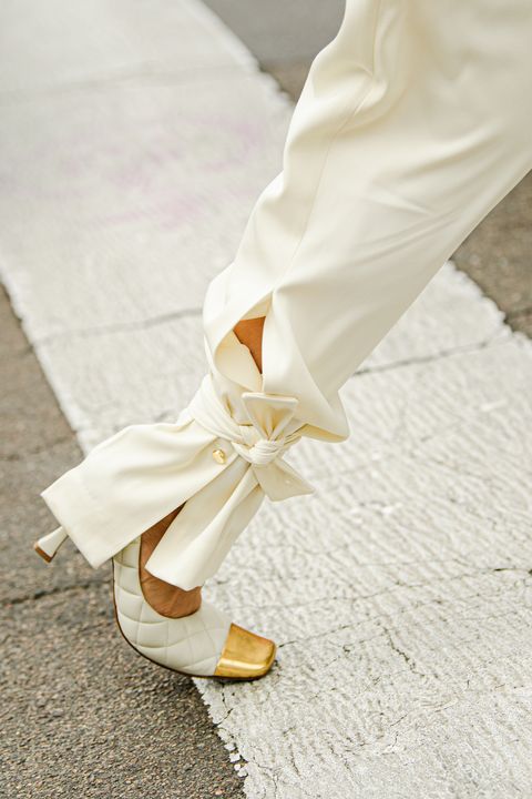 White, Footwear, Shoe, Yellow, Leg, Ankle, Dress, Sandal, Trousers, High heels, 