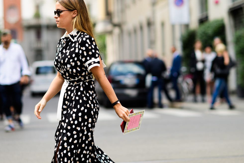 Street fashion, Clothing, Polka dot, Fashion, Pink, Pattern, Shoulder, Black-and-white, Beauty, Dress, 