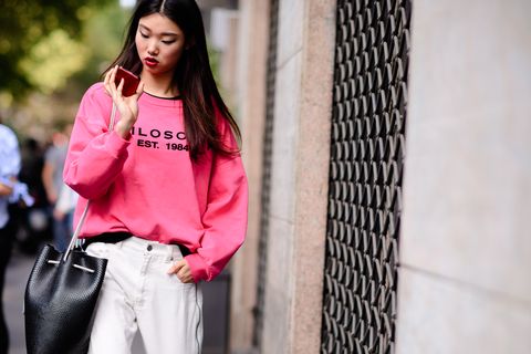 Pink, Clothing, Street fashion, White, Photograph, Jeans, Red, Fashion, Beauty, Yellow, 