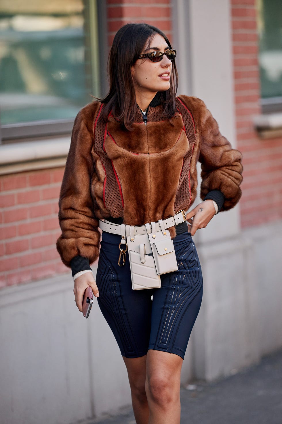 Clothing, Street fashion, Fashion, Brown, Leather, Denim, Jacket, Fur, Waist, Eyewear, 