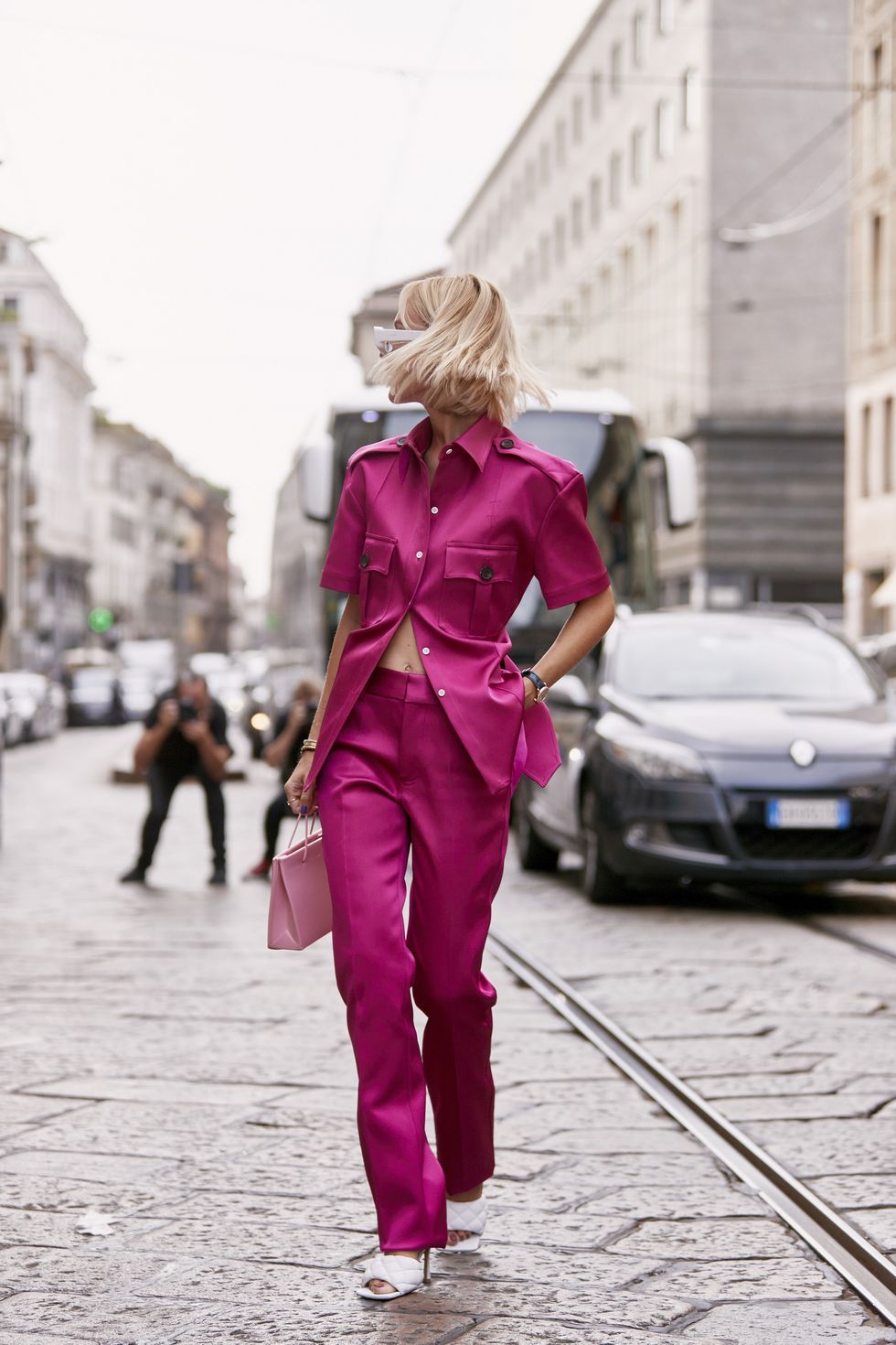 Pink, Street fashion, Red, Fashion, Walking, Snapshot, Street, Pedestrian, Footwear, Outerwear, 