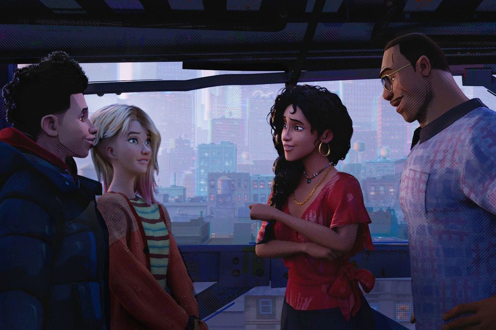 miles morales, gwen stacy, rio, jeff, spiderman across the spiderverse