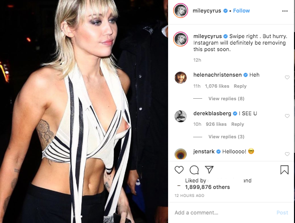 Braless Miley Cyrus Teases With A Nip Slip Pic, Asks Fans To Check Out The  Post Before Instagram Deletes It