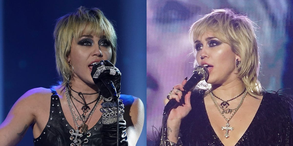 Miley Cyrus Wore Skintight Leather Pants & a Feathery Mini Dress