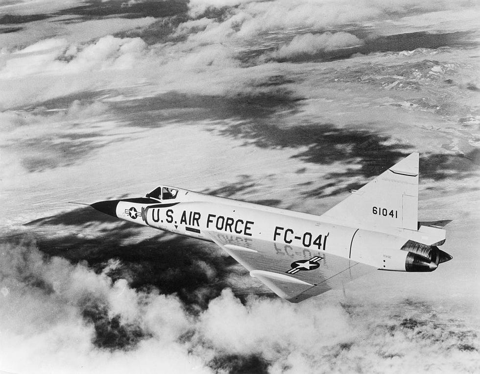 usa, military , air force interceptorfighter plane convair f 102 'delta dagger' in flight195960