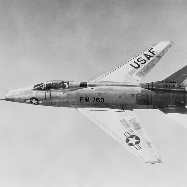 usa, military , air force north american f 100 super sabre in flightabout 1965