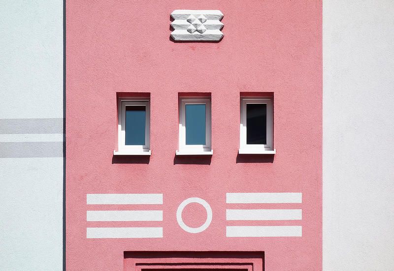 Pink, Wall, Facade, House, Font, Architecture, Rectangle, Window, Building, 