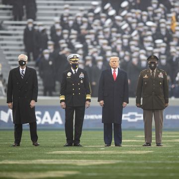 west point, ny december 12 acting secretary of defense, christopher c miller, united states naval academy superintendent vice admiral sean buck, president donald trump, superintendent of the united states military academy lieutenant general darryl a williams, and chairman of the joint chiefs mark a milley before the start of a game between the army black knights and the navy midshipmen at michie stadium on december 12, 2020 in west point, new york photo by dustin satloffgetty images