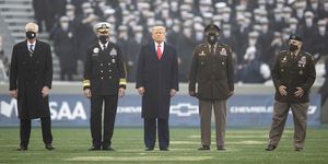 west point, ny december 12 acting secretary of defense, christopher c miller, united states naval academy superintendent vice admiral sean buck, president donald trump, superintendent of the united states military academy lieutenant general darryl a williams, and chairman of the joint chiefs mark a milley before the start of a game between the army black knights and the navy midshipmen at michie stadium on december 12, 2020 in west point, new york photo by dustin satloffgetty images