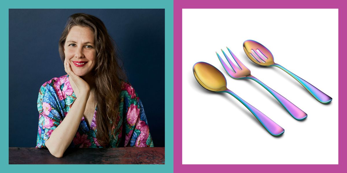 a portrait of chef mina stone and a set of iridescent serving ware