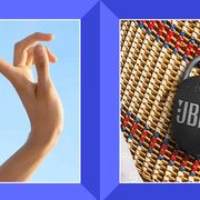 soundcore bluetooth speaker hanging from finger against blue sky and jbl mini speaker clipped to beach beach