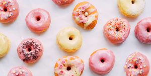 pink and yellow mini donuts with sprinkles