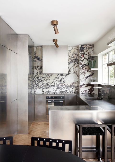 modern silver and marble kitchen