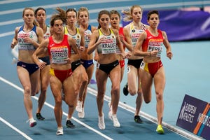 torun, poland march 6 esther guerrero of spain, gesa felicitas krause of germany and marta perez of spain competing in the womens 1500m final during the european athletics indoor championships 2021 at torun arena on march 6, 2021 in torun, poland photo by andre weeningbsr agencygetty images