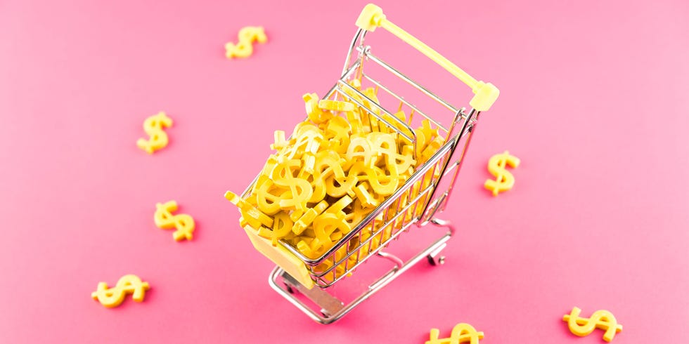 Yellow, Shopping cart, Vehicle, Pink, Font, Snack, Metal, 