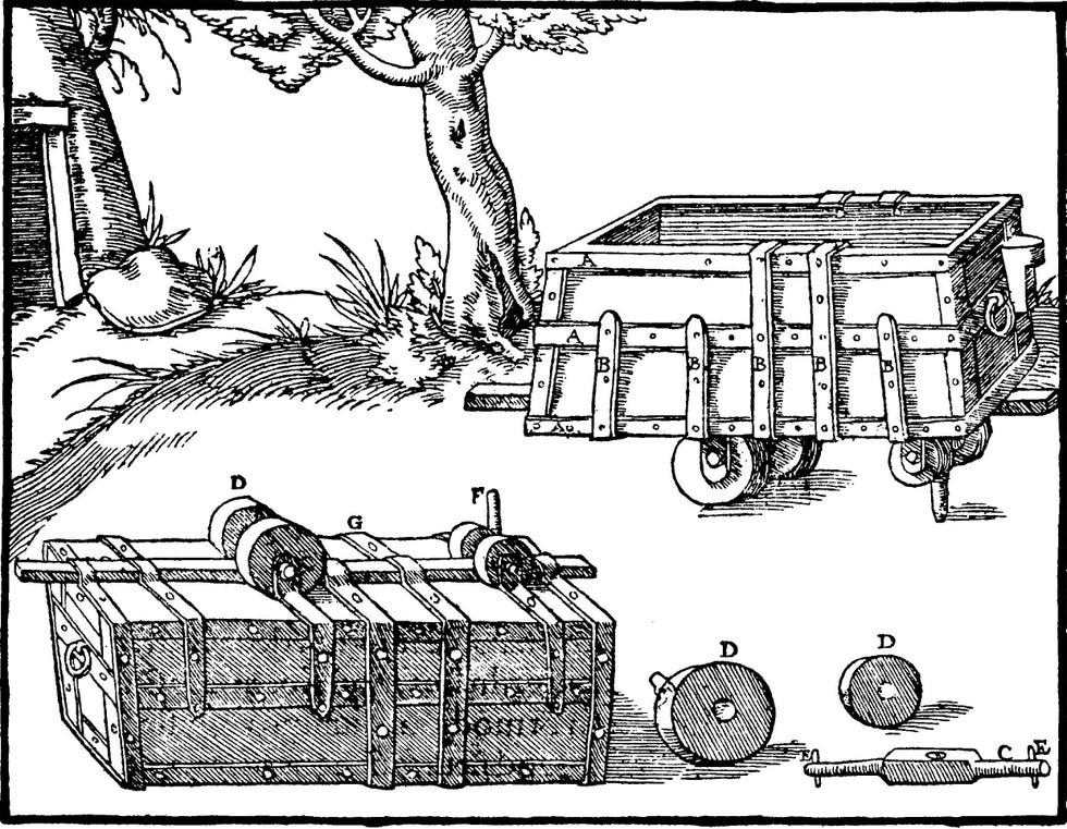 an illustration depicts a primitive minecart