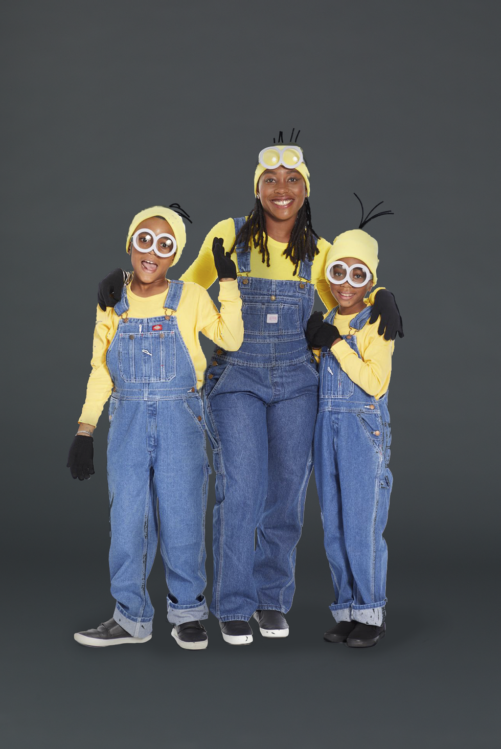 Minions costume dressed in black and white overalls