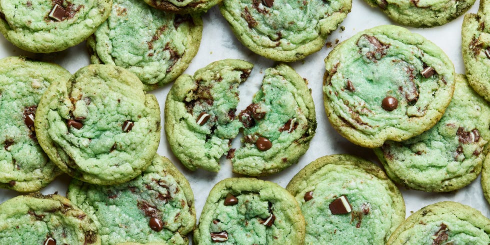 green colored cookies with chocolate chips