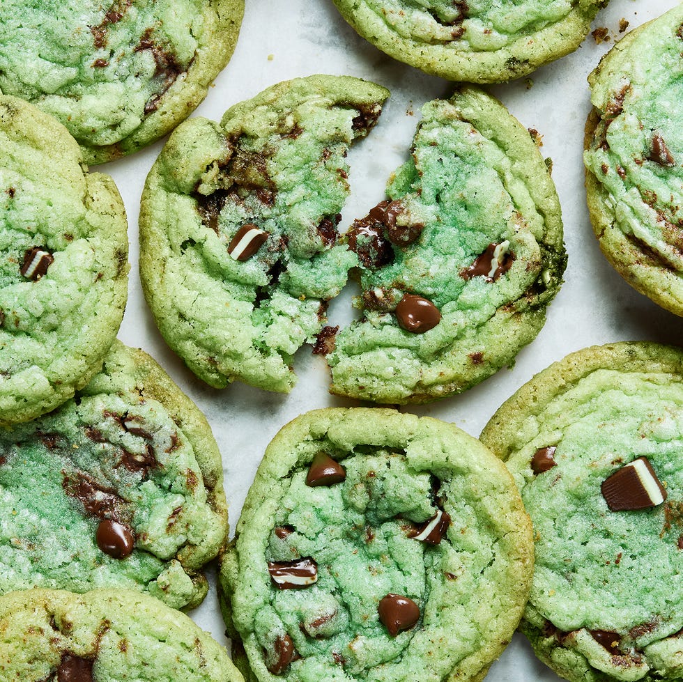 green colored cookies with chocolate chips