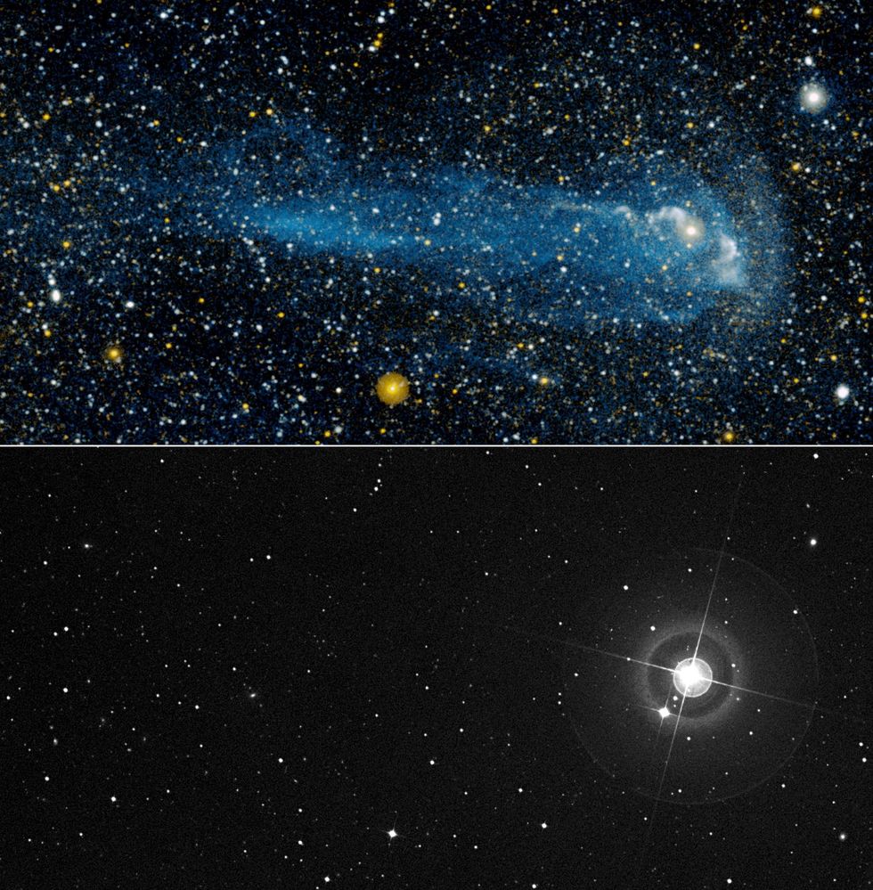 star mira in ultraviolet light that reveals a tail in top half of image while bottom half shows mira in visible light