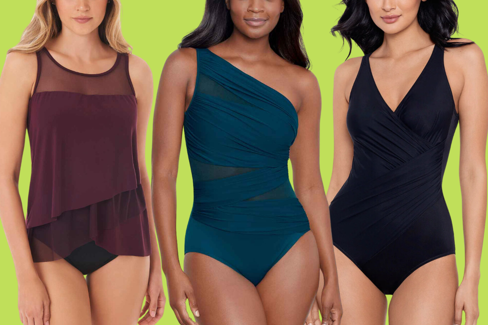 three women modeling swimsuits from miraclesuit against a green background
