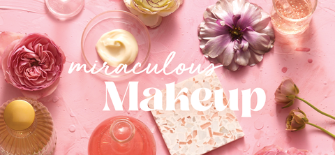 miraculous makeup product section stylized beauty shot with cream, flowers and perfume
